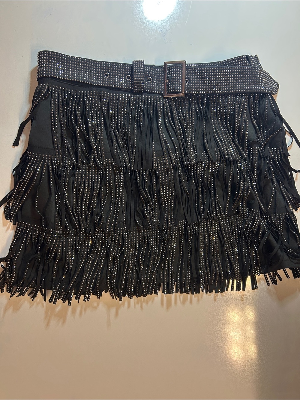 Black Studded Fringe Mini Skirt with Buckle Belt